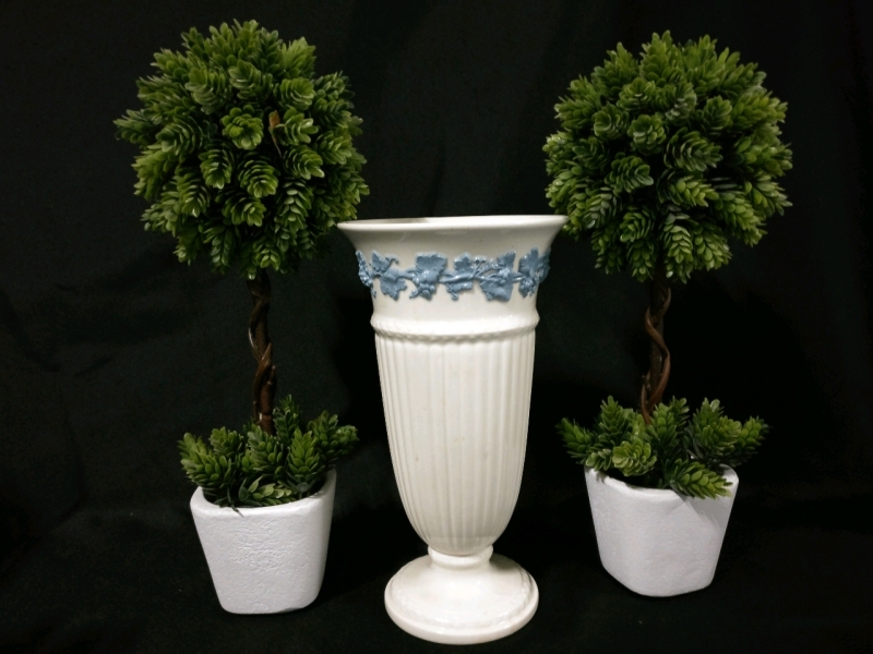 Wedgewood Embossed Vase & 2 Artificial Plants