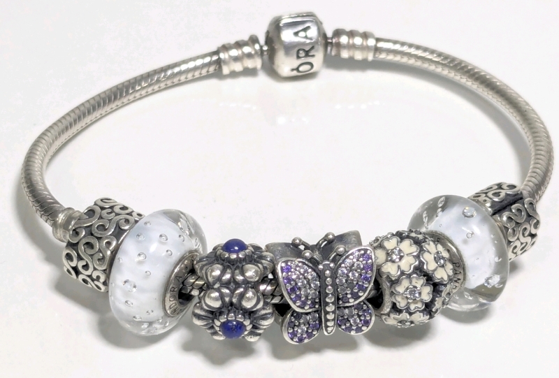 Vintage PANDORA S925 ALE Charm Bracelet w 7 Charms incl the Retired Sparkling Butterfly Sterling Silver Charm