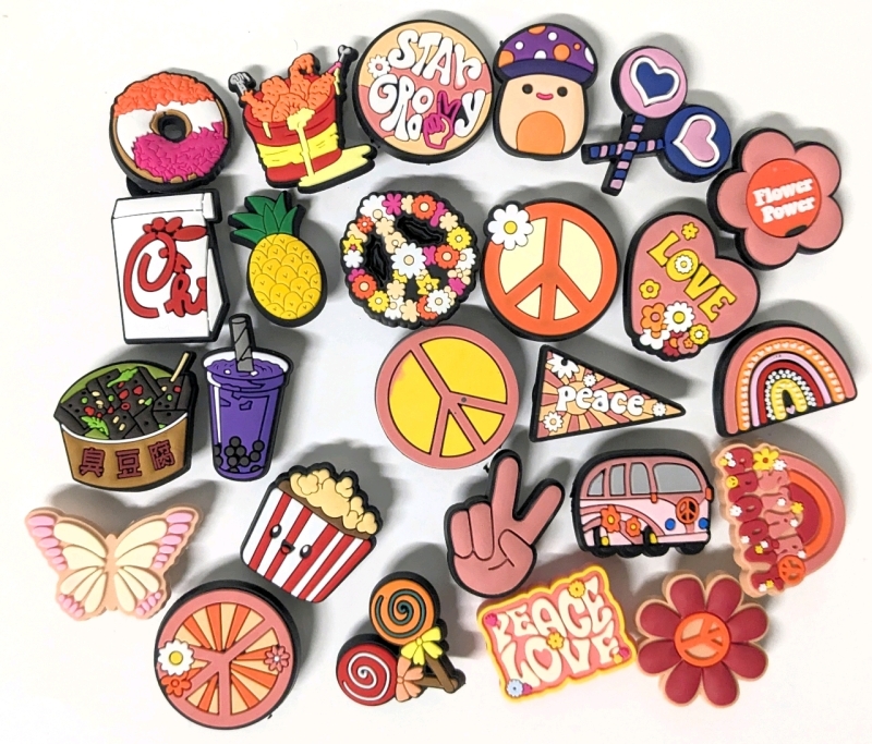 25 New Assorted Groovy & Foodie Croc Charms | Most Around 1" Tall