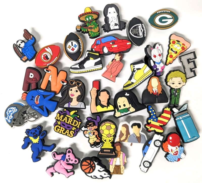 35 New Assorted Football, Cars, Shoes + Anime Croc Charms | Most Around 1" Tall