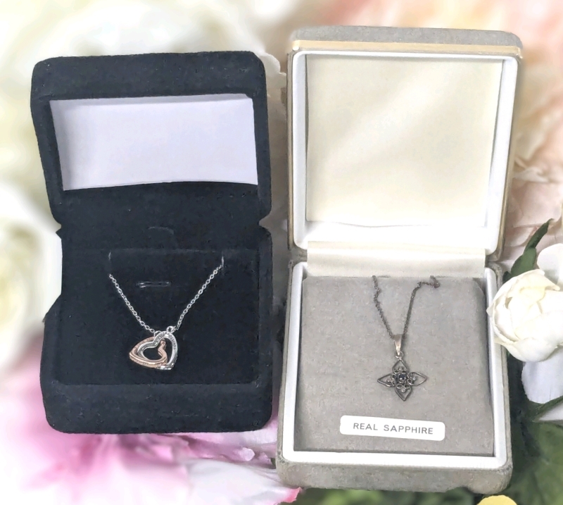 Pair of S925 Sterling Silver Necklaces : Real Sapphire & "I Love You, Forever & Always" Intertwined Hearts Attached Pendant