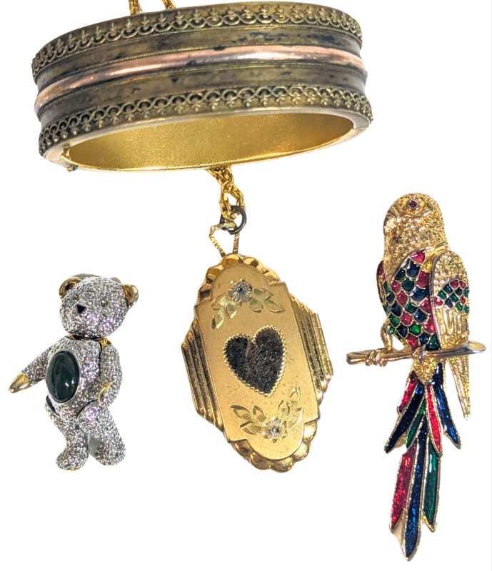 Fantastic Gold Tone Finds: Art Deco Locket Necklace w Portraits, Signed LP Articulated Jelly Belly Teddy Bear Brooch/Pendant, Enamel Macaw Parrot Brooch & Bracelet