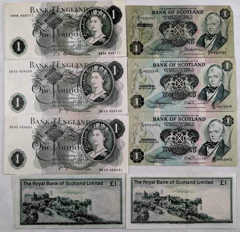 1960s, 1972 & 1975 Bank Of England And Bank Of Scotland &pound;1 Notes 8 Total