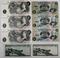 1960s, 1972 & 1975 Bank Of England And Bank Of Scotland £1 Notes 8 Total