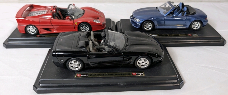 Burago Lot Of 3 Diecast Cars 1995 Ferrari F-50, 1996 BMW M Roadster & 1998 Chevrolet Corvette Convertible