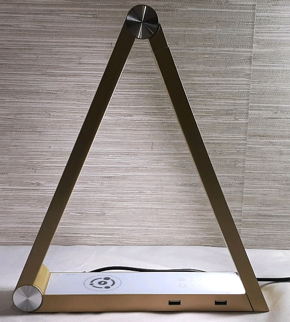 Adjustable Triangle Desk Lamp with Two USB Ports, A Wireless Charging Dock and Two Adjustable Light Modes (12" Tall and 10½" Long Collapsed, 13½" Long Extended)