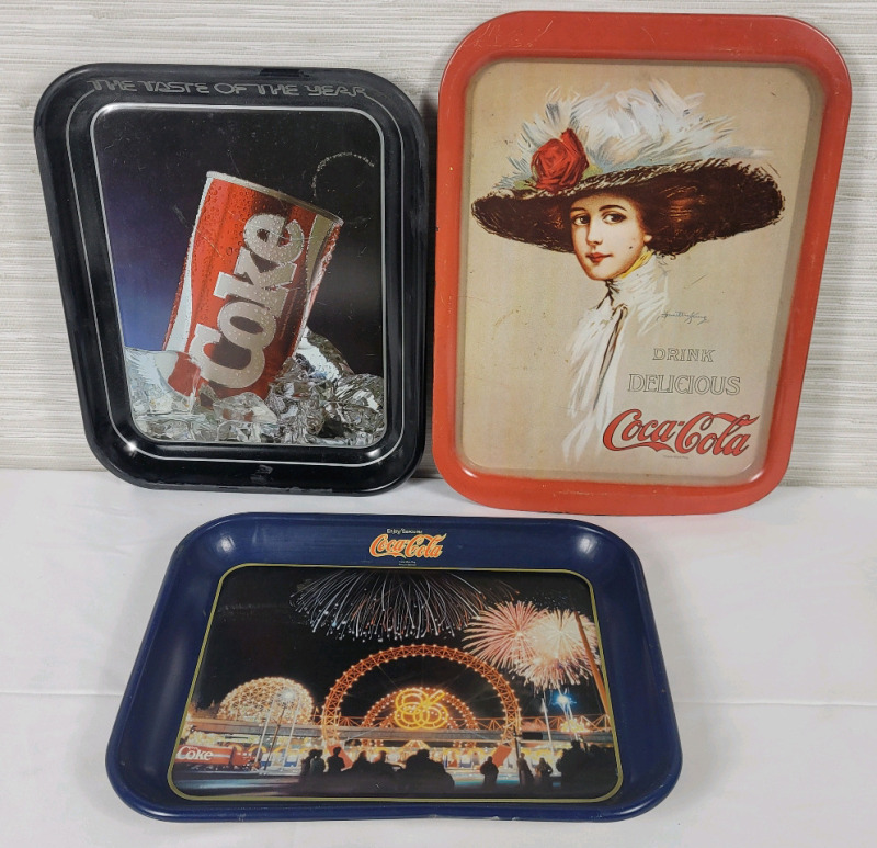 Three (3) Coca-Cola Serving Trays . Measures 11"×14.5" to 13 1/4"×10 1/4"