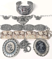 Neat Bracelets, Brooches & More! Ghostly Resin Cameo, Centurion Open-Back Bracelet, Interesting Lightweight Buddhist Necklace w Temples, 2 Panel Bracelets + | Necklace 16" Long
