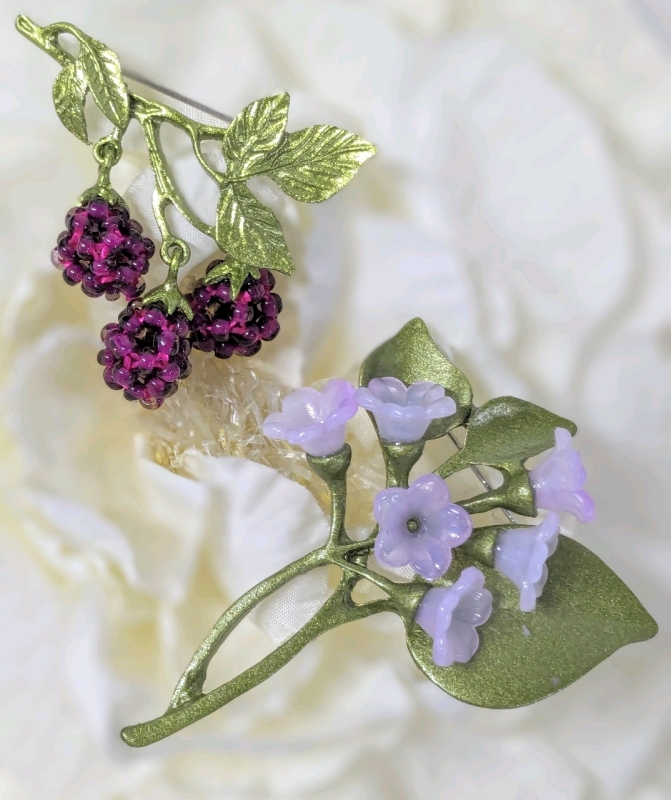 Neat Beaded Dangly Raspberry Bush Branch Brooch & Lovely Purple Flower Enamel Bunch Brooch | Up to 2.75" Long