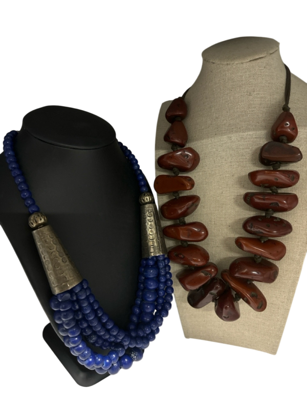 2 Chunky Statement Necklaces Lapis Multi Strand Bead & Chestnut Jasper