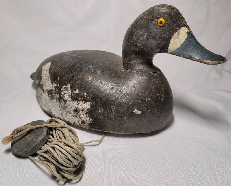 Vintage Hand Carved Wood Duck Decoy with Lead Weight , 13" long