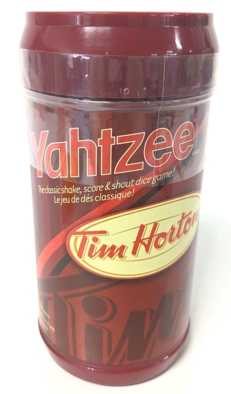 New Tim Hortons Edition YAHTZEE Game | 5 Custom Tim Hortons Dice, Custom Scorepad, Pencil & Rules | 3.25" Diam x 7" Tall