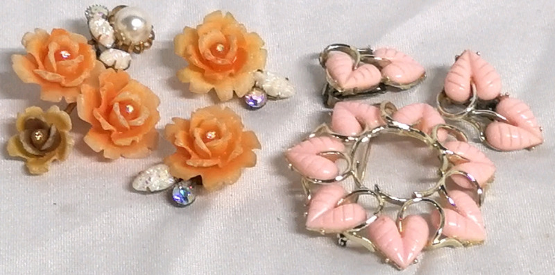 Vintage Coro Pink Lucite Earrings & Brooches +