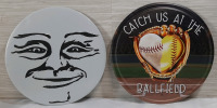 New 2pcs Baseball & Smiling Moon Circular Metal Signs - 12" dm