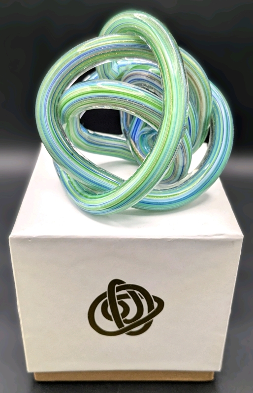 Gorgeous Blue, Green & Gold Art Glass "Endless Knot" Paperweight w Box | 3.5" Tall