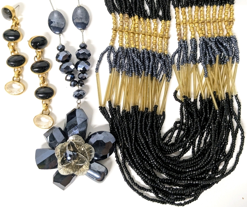 Black, Beaded & Beautiful! Spectacular Multi-Strand Beaded Necklace, Toggle Necklace w Large Statement Flower Pendant, Pair Long Dangly Gold Tone & Black + Faceted Clear Bezel-Set Dangle Earrings