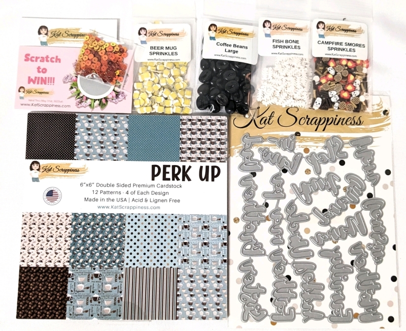 New Kat Scrappiness: Scrapbooking Cardstock, Stamp/Dye Sheet, Polymer Clay "Sprinkles" and Decorative Coffee Beans