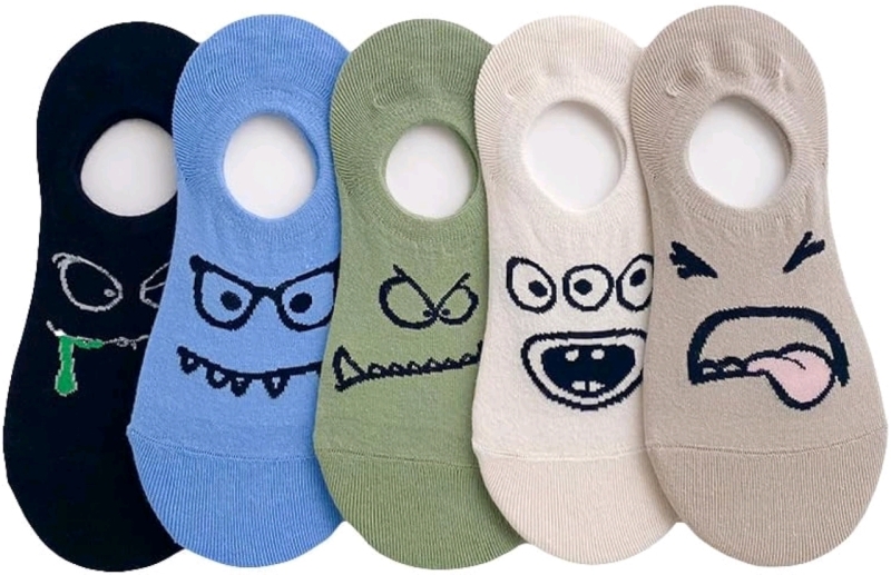 5 New Pairs of Funny Face No-Show Socks | One Size Fits Most