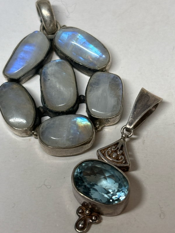 Two Sterling Pendants FNA Blue Topaz Pendant + Large 6 Moonstone Pendant