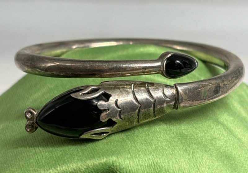 Fabulous Two Trees Sterling Silver Onyx Snake Bangle Signed TS-50 Mexico