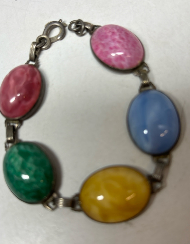 Sterling Vintage Multi Gemstone 5 Oval Stone Link Bracelet Hand Cuff Clasp Well Crafted