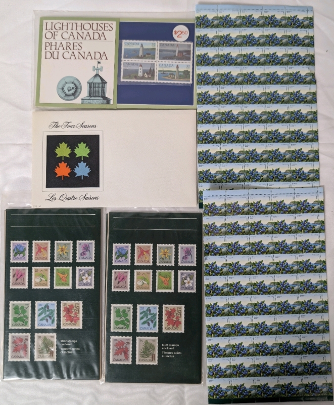 1971-1984 Lot Of Unused And Sealed Canada Stamps 1971 The Four Seasons, Two 1982 Wildflower And Trees Collection, 1984 Lighthouses Of Canada Collection & 2 Sheets Of 1992 1 Cent Blueberry Stamps