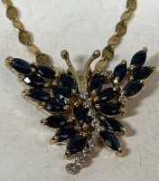 925 Sterling Gold Over Diamond Sapphire Butterfly Pendant on Chain