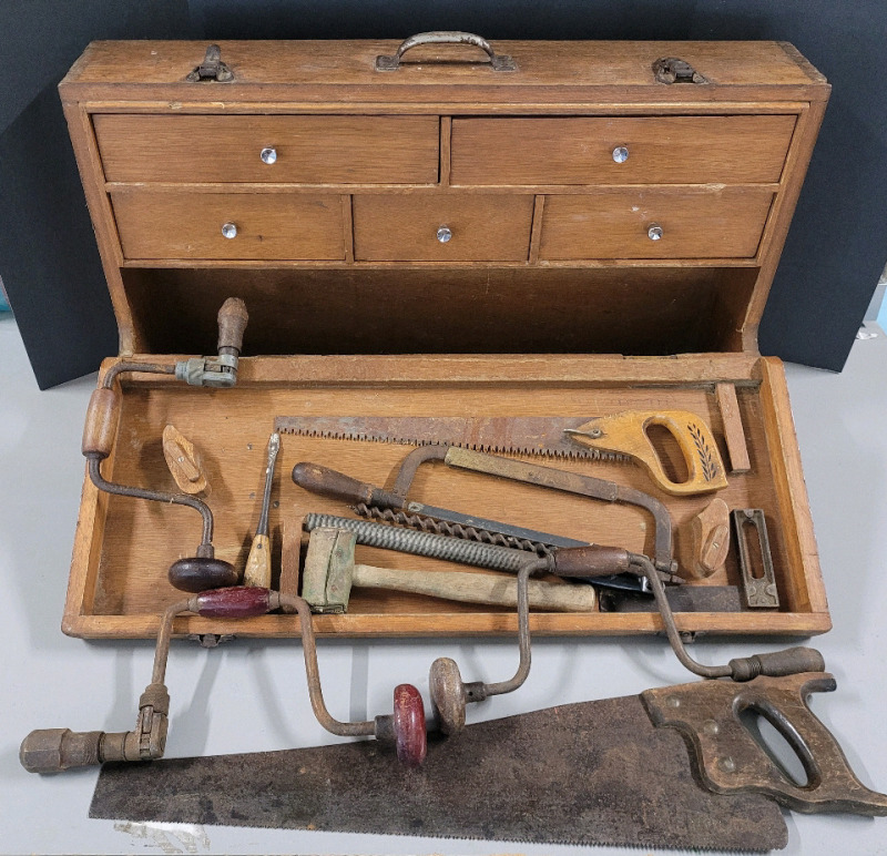 Vintage Wooden 5-Drawer Carpenters Tool Box w/Vintage Tools Included , See Photos . One (1) Box Hasp Not Working