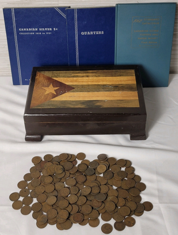 1930s - 1950s Canadian Pennies , Cuba Wood Cigar Box , Whitman Coin Books (empty) & 1962 Standard Canadian Coins Booklet