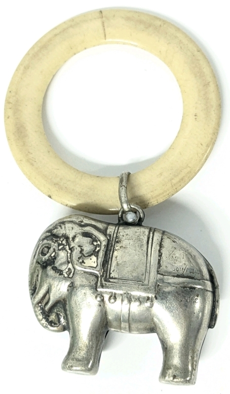 Astounding Signed Victorian Sterling Silver Elephant Child's Rattle w Attached Teething Ring Made of Natural Material