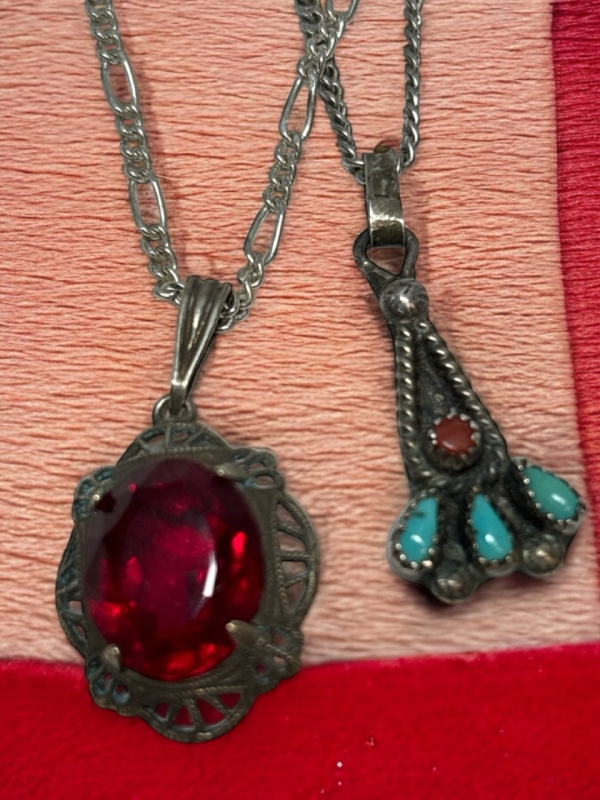 Two Sterling Necklaces with Chains Native American Turquoise & Red Stone Filigree