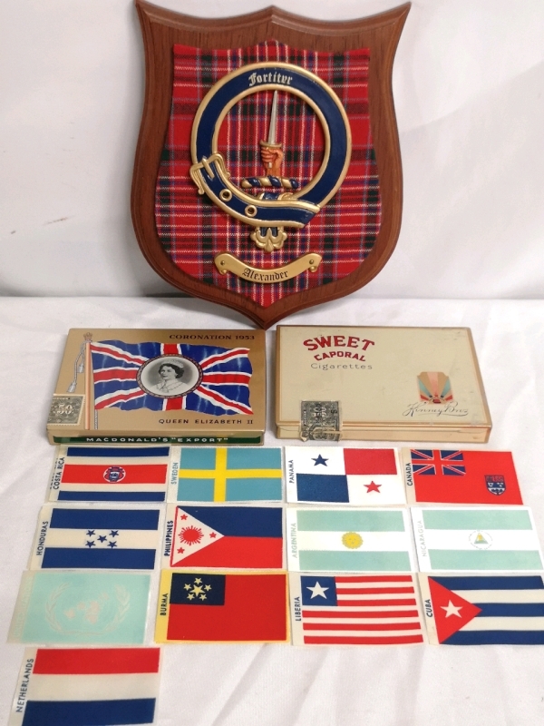 Neat Vintage Cigarette Tins and World Flag Patches + Plaque