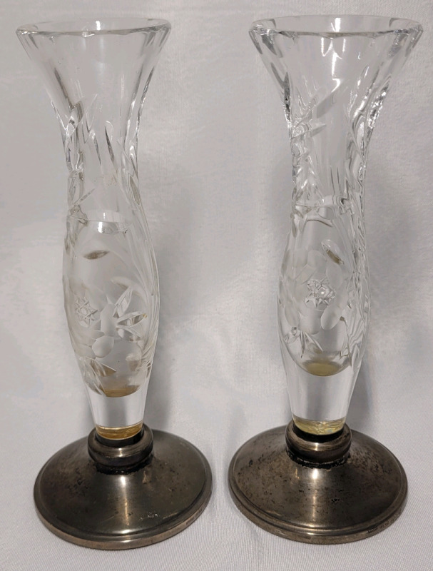 Vintage Birmingham Broadway & Co. Sterling Silver and Cut Glass Vases , 6 3/8" Tall