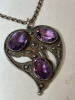 Sterling 28 Inch Rolo Chain Stamped Ring Clasp Cut Work Amethyst 3 Cab Bezel Teardrop Pendant