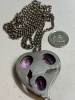 Sterling 28 Inch Rolo Chain Stamped Ring Clasp Cut Work Amethyst 3 Cab Bezel Teardrop Pendant - 2