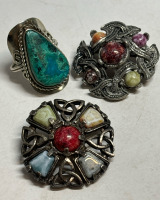 2 Vintage Celtic Agate Style Brooches Turquoise Ring