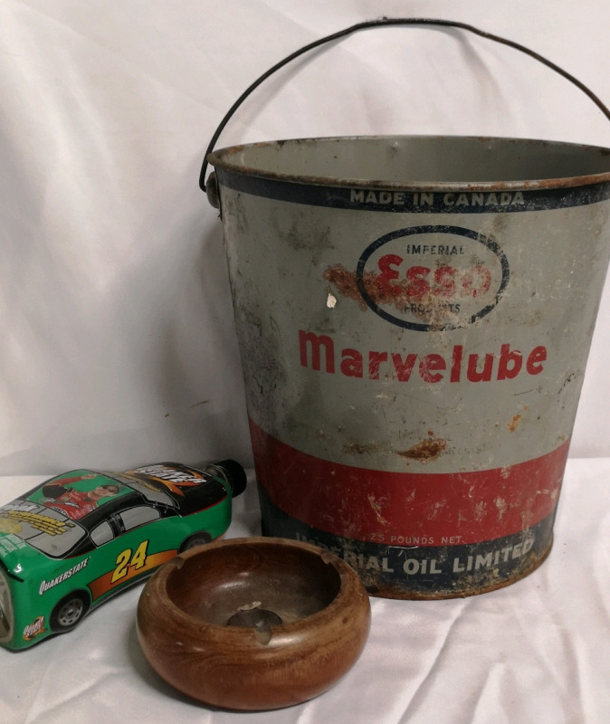 Imperial Esso Bucket & Wooden Ashtray & Quaker State Car Shaped Bottle