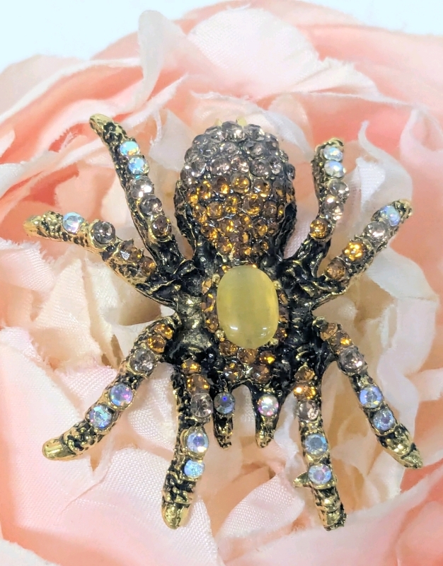 Gorgeous Intricate Jelly Belly Spider Brooch w Amber, Honey & AB Rhinestones | 1.75" Long