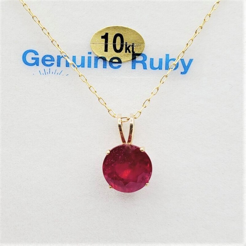 10KT Yellow Gold Natural Enhanced Ruby (2.65ct) Round Pendant With Gold Plated Sterling Silver Chain, W/A $870.00. Ruby is the birthstone for July.