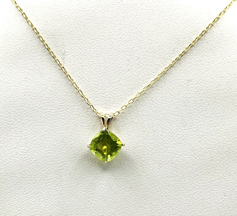 10KT Yellow Gold Natural Peridot (1.7ct) Pendant With Gold Plated Sterling Silver Chain, W/A $425.00. Peridot is the birthstone for August.