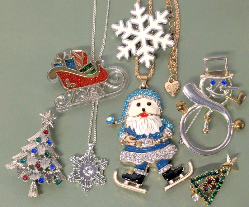 Fantastic Signed Betsy Johnson Christmas Bling Skating Santa Necklace, Snowflake Necklace & 6 Brooches | Longest Necklace 29"