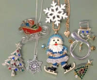 Fantastic Signed Betsy Johnson Christmas Bling Skating Santa Necklace, Snowflake Necklace & 6 Brooches | Longest Necklace 29"
