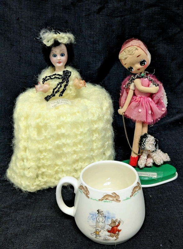 Royal Doulton Bunnykins Child's Mug, 1977 Japan Girl w Poodle & 1968 Novelty Toilet Paper Doll Cozie | Up to 10" Tall