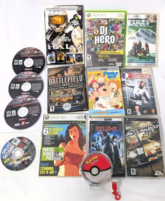 Assorted Sony PSP Games, Movies & Videos, XBox 360 Game + Demo Disk, Halo Book, Computer Games & 1999 Pokemon Poke ball Cards