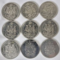 1968 - 2002 Canadian 50 Cent Half Dollar Coins . 1968 &times;2 , 1969 , 1972 , 1973 , 1974 , 1986 & 2002 &times;2 . Nine (9) Coins