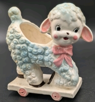 Vintage Adorable Ceramic Lamb on Trolley Planter | #4706 | Made in Japan | 4.75" Tall