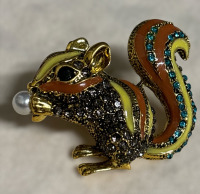 Rhinestone Enamel Squirrel Brooch Holding a Pearl