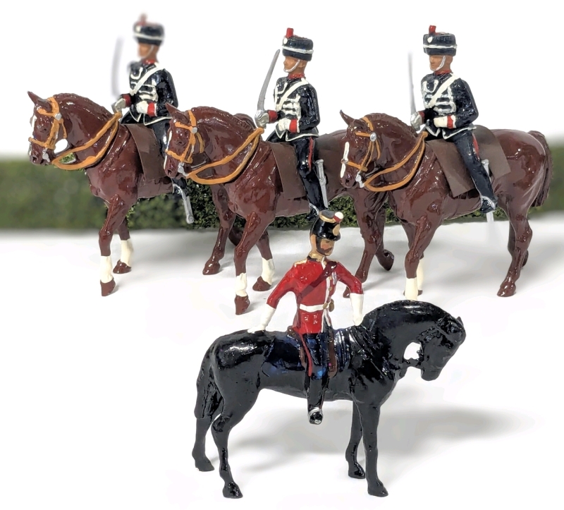 3 1980s BRITAINS Freestanding Enamel Lead Horse Mounted Guards with Drawn Swords + 1 Unbranded English Guard on Horse | 3.15" - 3.6" Tall