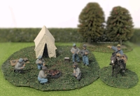 Handpainted Cast Metal + Plastic Confederate Civil War Diorama + Figures | Camp w Tent, Fire, Mess, Chess & 6 Figures & Mounted Commander "Dolies", All on Flocked Bases