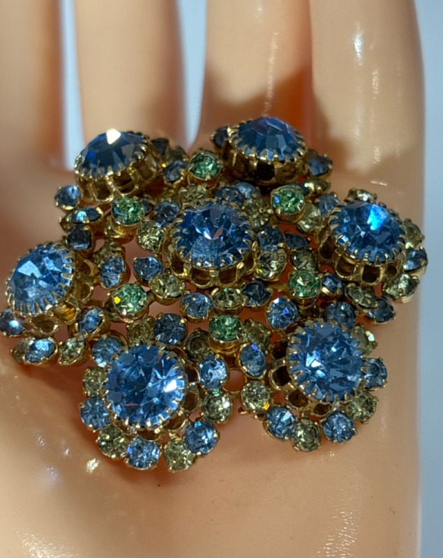 Unique Vintage Austria Tiered Light Blue Topaz + Clear Crystal Rhinestones